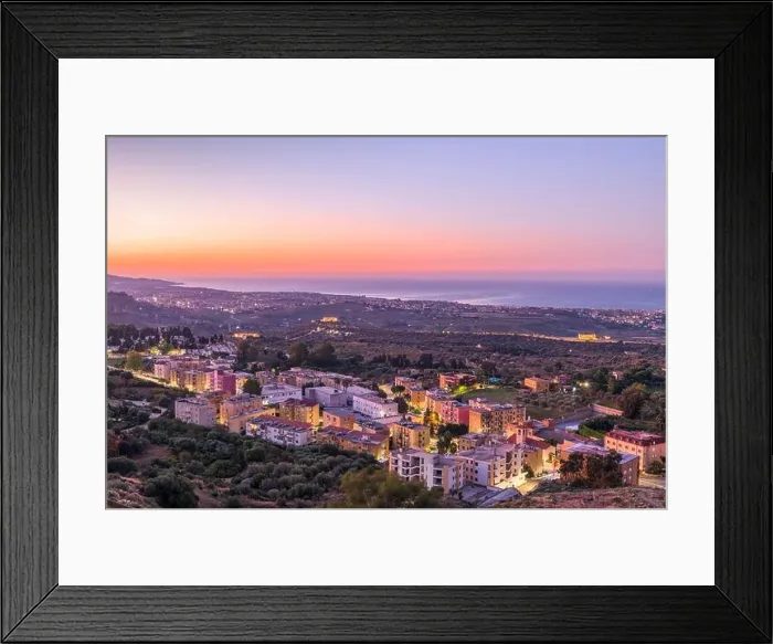 Framed Print : Agrigento, Sicily, Italy cityscape towards the Valley of the Temples and the Mediterranean at dawn