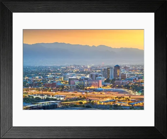 Framed Print : Tucson, Arizona, USA downtown city skyline with mountains at twilight Framed Print : Tucson, Arizona, USA downtown city skyline with mountains at twilight