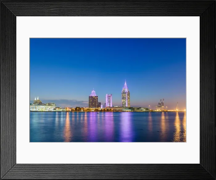 Framed Print : Mobile, Alabama, USA downtown city skyline on the Mobile River at twilight Framed Print : Mobile, Alabama, USA downtown city skyline on the Mobile River at twilight