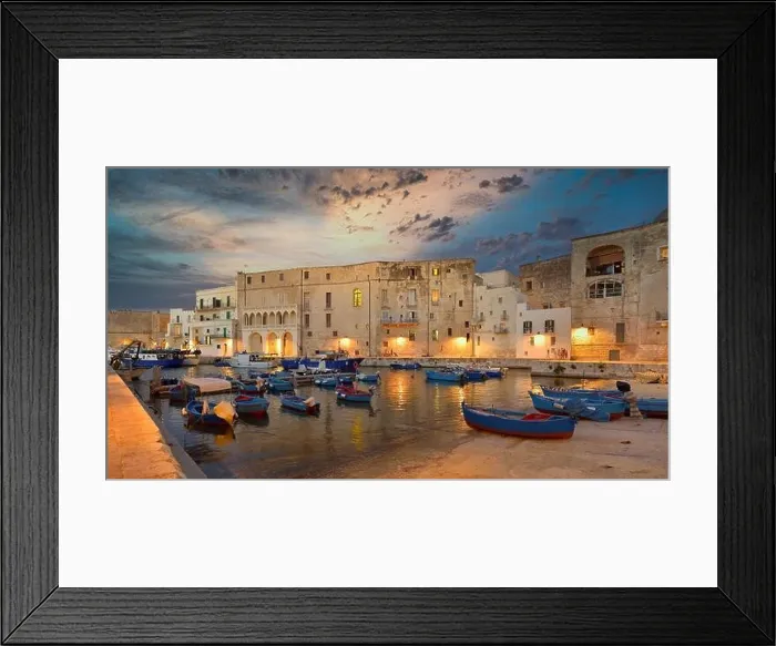 Framed Print : Fishing boats in Monipoli city bay with cloudy sky background, southern Italy, Europe Framed Print : Fishing boats in Monipoli city bay with cloudy sky background, southern Italy, Europe