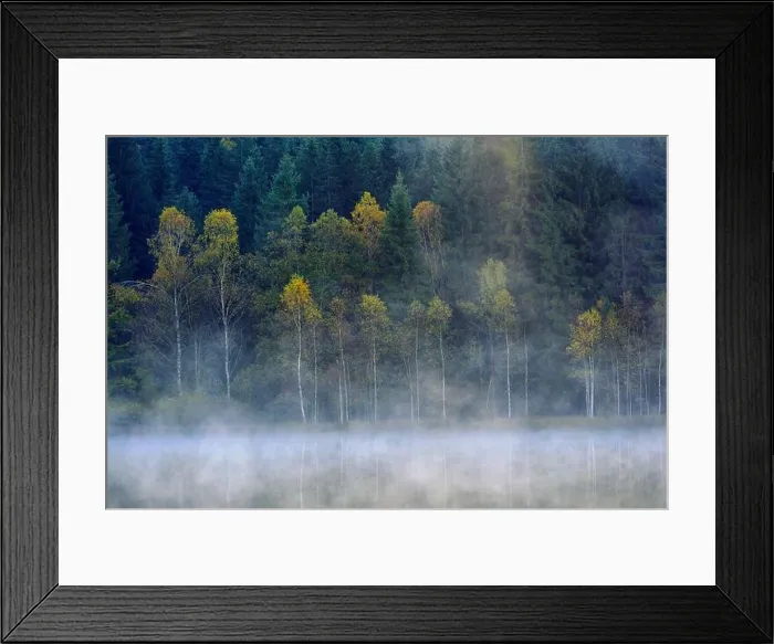 Framed Print : Autumn landscape in the mountains with trees reflecting in the water at St. Ana's lake, Romania Framed Print : Autumn landscape in the mountains with trees reflecting in the water at St. Ana's lake, Romania