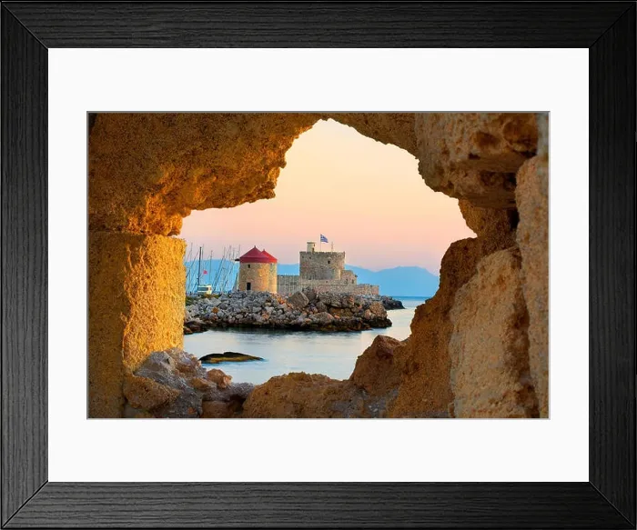 Framed Print : The Castle and old windmills at the enterance to Mandraki harbour in Rhodes, Greece, UNESCO Framed Print : The Castle and old windmills at the enterance to Mandraki harbour in Rhodes, Greece, UNESCO