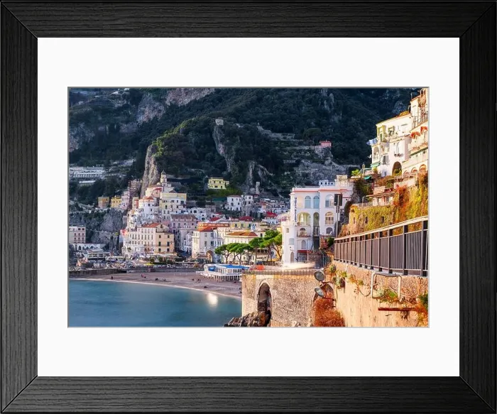 Framed Print : Amalfi, Italy coastal town skyline on the Tyrrhenian Sea at dusk Framed Print : Amalfi, Italy coastal town skyline on the Tyrrhenian Sea at dusk