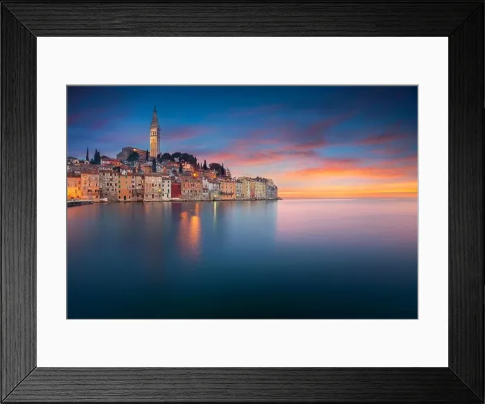 Framed Print : Rovinj, Croatia. Beautiful romantic old town of Rovinj during sunset, Istrian Peninsula, Croatia, Europe
