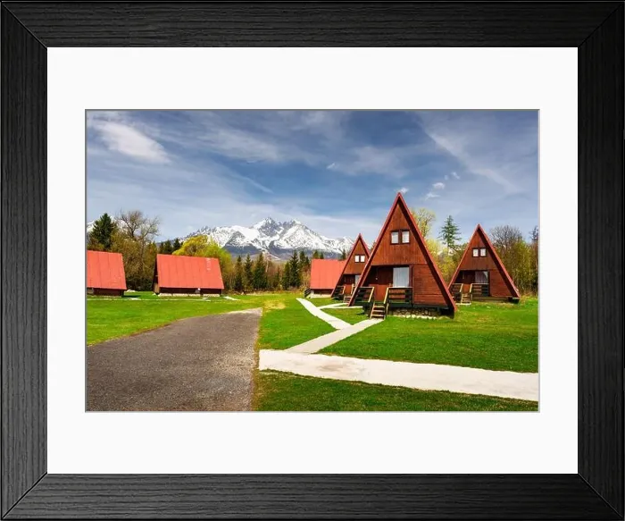 Framed Print : Camping with red wooden houses in Tatra Mountains, High Tatras national park, Slovakia. Landscape photography Framed Print : Camping with red wooden houses in Tatra Mountains, High Tatras national park, Slovakia. Landscape photography