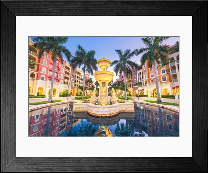 Framed Print : Naples, Florida, USA town skyline and city plaza at twilight Framed Print : Naples, Florida, USA town skyline and city plaza at twilight