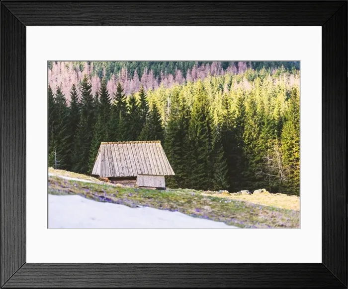 Framed Print : Old wooden hut in spring High Tatras mountains in Kalatowki meadow, Zakopane, Poland. Last snow on a foreground. Landscape photography Framed Print : Old wooden hut in spring High Tatras mountains in Kalatowki meadow, Zakopane, Poland. Last snow on a foreground. Landscape photography