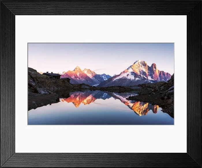 Framed Print : Colourful sunset on Lac Blanc lake in France Alps. Monte Bianco mountain range on background Framed Print : Colourful sunset on Lac Blanc lake in France Alps. Monte Bianco mountain range on background