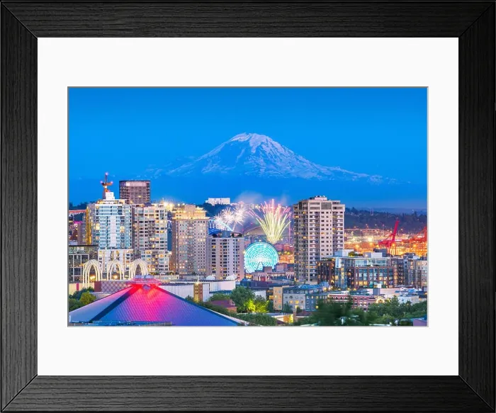Framed Print : Seattle, Washington, USA downtown skyline with Mt. Rainier and a fireworks show below Framed Print : Seattle, Washington, USA downtown skyline with Mt. Rainier and a fireworks show below