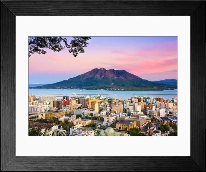 Framed Print : Kagoshima, Japan with Sakurajima Volcano Framed Print : Kagoshima, Japan with Sakurajima Volcano