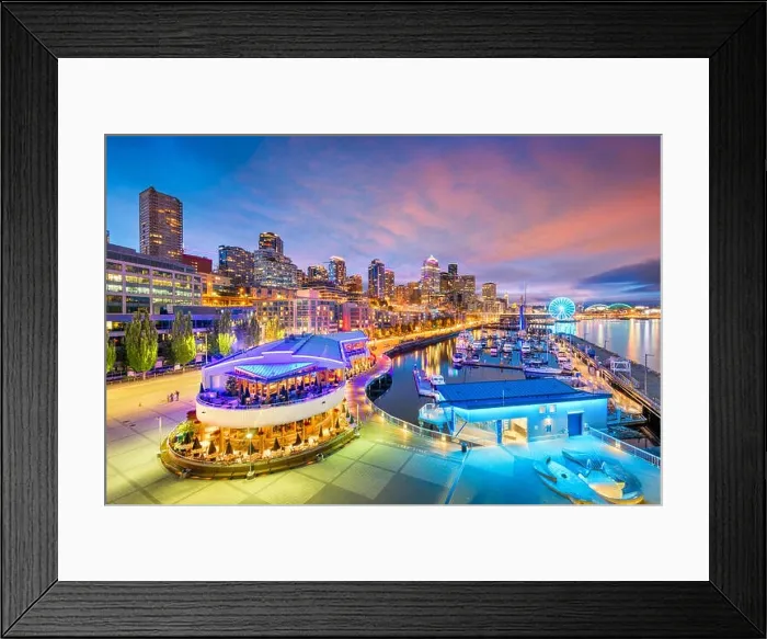 Framed Print : Seattle, Washington, USA pier and skyline at dusk Framed Print : Seattle, Washington, USA pier and skyline at dusk