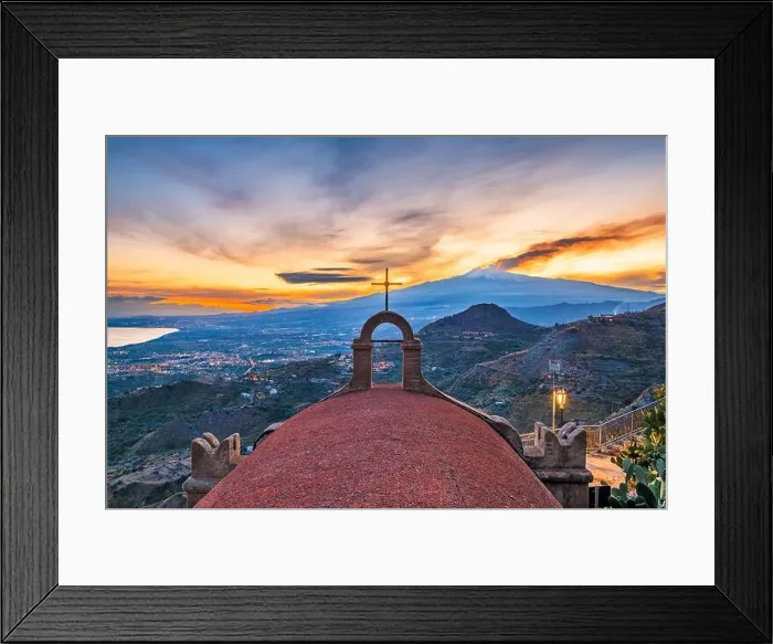 Framed Print : Taormina, Sicily, Italy with the ancient Church of San Biagio and Mt. Etna at dusk Framed Print : Taormina, Sicily, Italy with the ancient Church of San Biagio and Mt. Etna at dusk