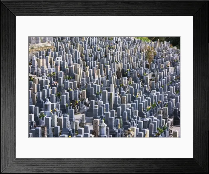 Framed Print : KYOTO, JAPAN - APRIL 2, 2017: Markers at Higashi Otani Cemetery historic site Framed Print : KYOTO, JAPAN - APRIL 2, 2017: Markers at Higashi Otani Cemetery historic site