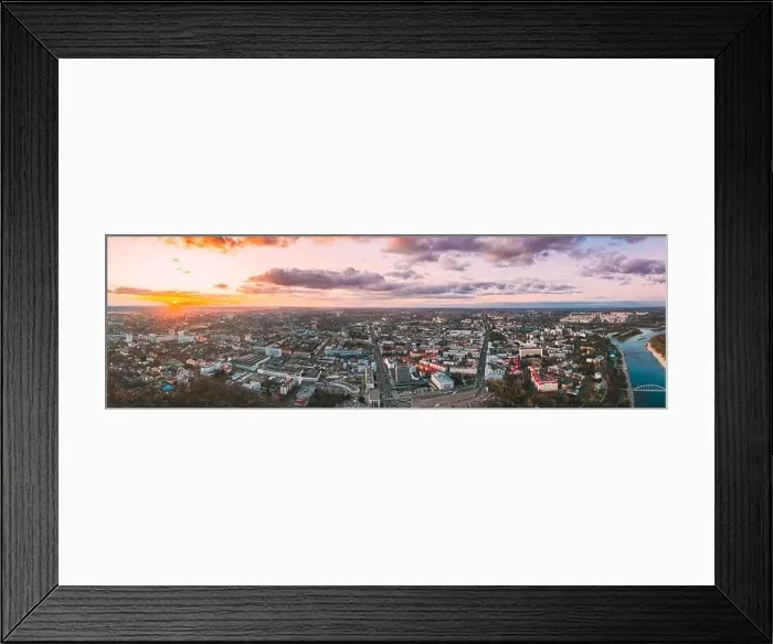 Framed Print : Gomel, Belarus. Aerial View Of Homiel Cityscape Skyline In Autumn Evening. Residential District And River During Sunset. Bird's-eye View. Panorama, Pa Framed Print : Gomel, Belarus. Aerial View Of Homiel Cityscape Skyline In Autumn Evening. Residential District And River During Sunset. Bird's-eye View. Panorama, Pa