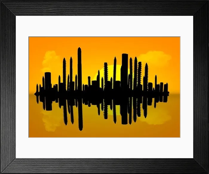 Framed Print : Skyline reflections panorama at sunrise, concept Framed Print : Skyline reflections panorama at sunrise, concept