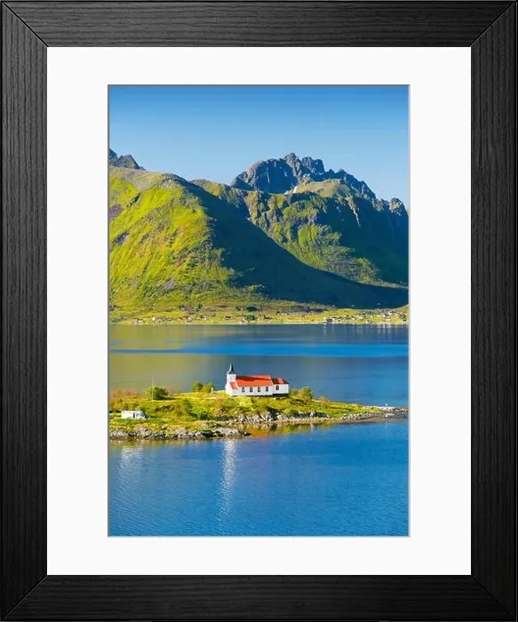 Framed Print : Red church on Austnesfjord, Lofoten Islands, Norway Framed Print : Red church on Austnesfjord, Lofoten Islands, Norway