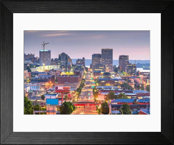 Framed Print : Tacoma, Washington, USA cityscape over Pacific Ave at twilight Framed Print : Tacoma, Washington, USA cityscape over Pacific Ave at twilight