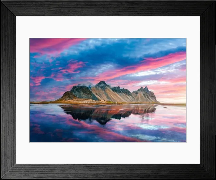 Framed Print : Incredible Stokksnes mountains on Vestrahorn cape in southeastern Icelandic coast during sunset. The epic pink sky reflected in the clear water Framed Print : Incredible Stokksnes mountains on Vestrahorn cape in southeastern Icelandic coast during sunset. The epic pink sky reflected in the clear water