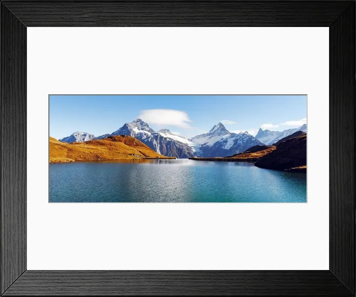 Framed Print : Panorama of Bachalpsee lake in Swiss Alps mountains. Snowy peaks of Wetterhorn, Mittelhorn and Rosenhorn on background Framed Print : Panorama of Bachalpsee lake in Swiss Alps mountains. Snowy peaks of Wetterhorn, Mittelhorn and Rosenhorn on background