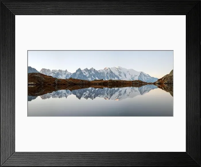 Framed Print : Picturesque panorama of Chesery lake (Lac De Cheserys) and snowy Monte Bianco mountains range on background, Chamonix, France Alps Framed Print : Picturesque panorama of Chesery lake (Lac De Cheserys) and snowy Monte Bianco mountains range on background, Chamonix, France Alps