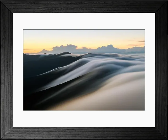 Framed Print : Amazing morning fog in mountains blurred from long exposure. Landscape photography Framed Print : Amazing morning fog in mountains blurred from long exposure. Landscape photography