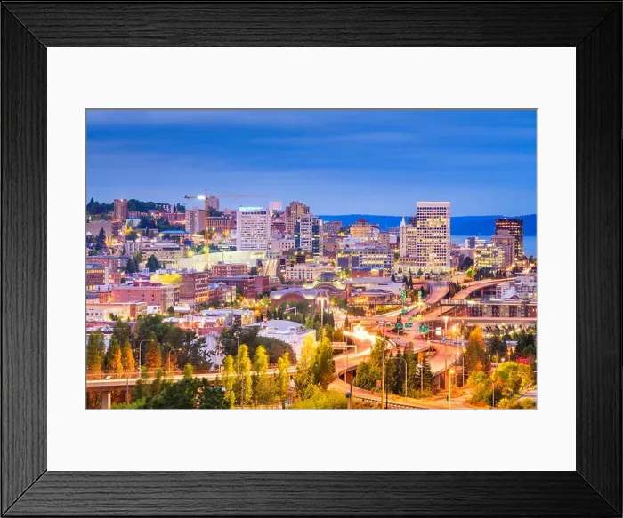 Framed Print : Tacoma, Washington, USA skyline and highways at night Framed Print : Tacoma, Washington, USA skyline and highways at night