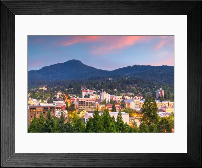 Framed Print : Eugene, Oregon, USA downtown cityscape and mountains at dusk Framed Print : Eugene, Oregon, USA downtown cityscape and mountains at dusk