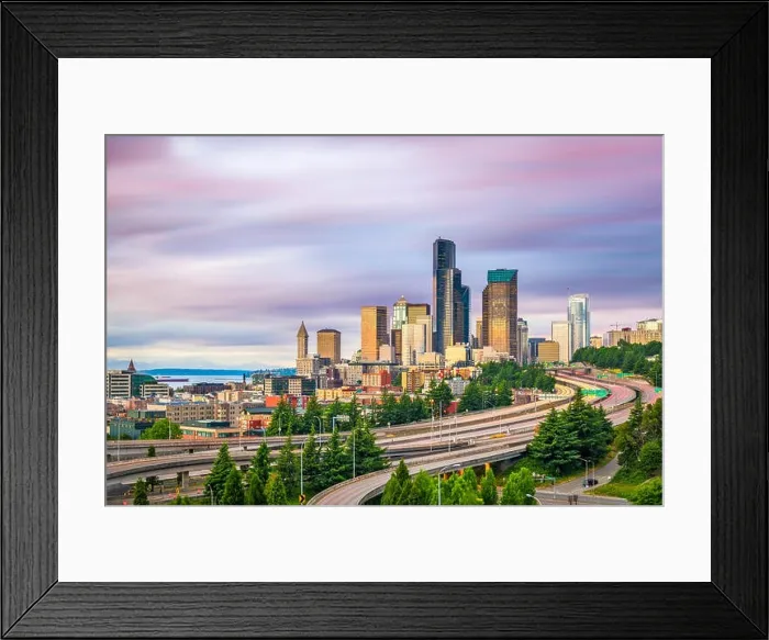 Framed Print : Seattle, Washington, USA downtown city skyline over highways at dusk Framed Print : Seattle, Washington, USA downtown city skyline over highways at dusk