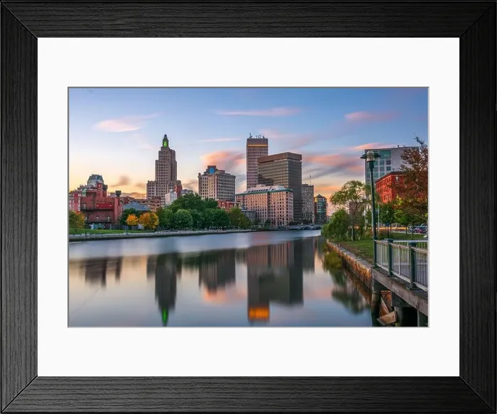Framed Print : Providence, Rhode Island, USA downtown cityscape viewed from above the Providence River Framed Print : Providence, Rhode Island, USA downtown cityscape viewed from above the Providence River