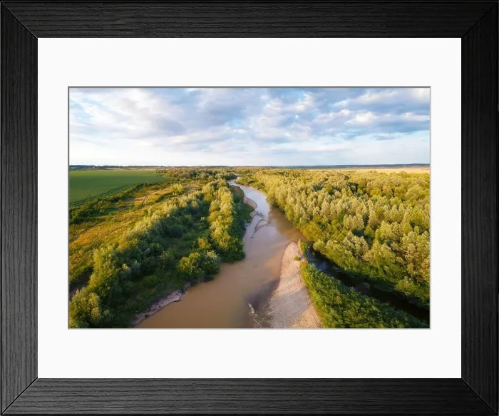 Framed Print : Flight through majestic river and lush green forest at sunset time. Landscape photography Framed Print : Flight through majestic river and lush green forest at sunset time. Landscape photography