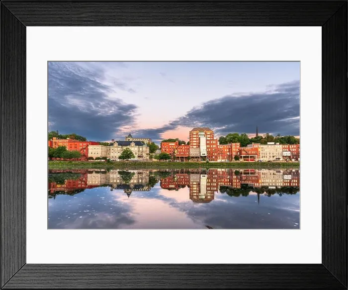 Framed Print : Augusta, Maine, USA downtown skyline on the Kennebec River at dawn