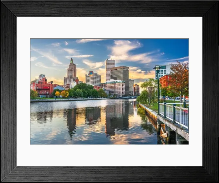 Framed Print : Providence, Rhode Island, USA downtown cityscape viewed from above the Providence River Framed Print : Providence, Rhode Island, USA downtown cityscape viewed from above the Providence River