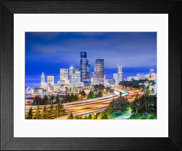 Framed Print : Seattle, Washington, USA downtown city skyline over highways at dusk Framed Print : Seattle, Washington, USA downtown city skyline over highways at dusk