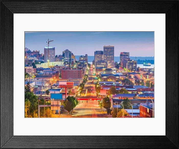 Framed Print : Tacoma, Washington, USA cityscape over Pacific Ave at twilight Framed Print : Tacoma, Washington, USA cityscape over Pacific Ave at twilight