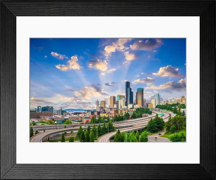 Framed Print : Seattle, Washington, USA downtown city skyline over highways at dusk Framed Print : Seattle, Washington, USA downtown city skyline over highways at dusk