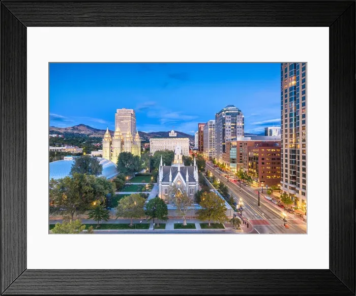 Framed Print : Salt Lake City, Utah, USA downtown cityscape over Temple Square at dusk Framed Print : Salt Lake City, Utah, USA downtown cityscape over Temple Square at dusk