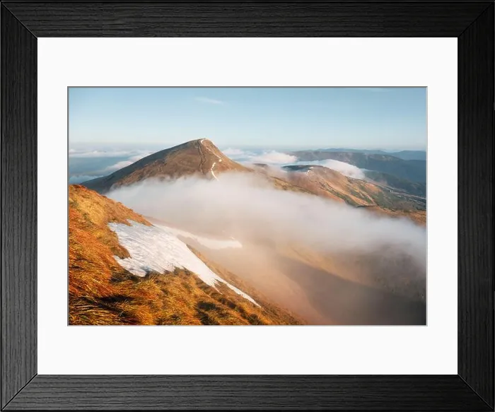 Framed Print : Foggy spring mountains during sunrise. A soft mist flows through the mountain peaks. Carpathian mountains, Ukraine. Landscape photography
