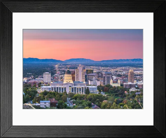 Framed Print : Salt Lake City, Utah, USA downtown city skyline at dusk