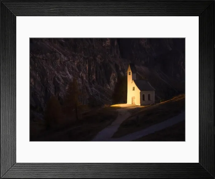 Framed Print : Incredible view on small iIlluminated chapel - Kapelle Ciapela on Gardena Pass, Italian Dolomites mountains. Dolomite Alps, Italy Framed Print : Incredible view on small iIlluminated chapel - Kapelle Ciapela on Gardena Pass, Italian Dolomites mountains. Dolomite Alps, Italy