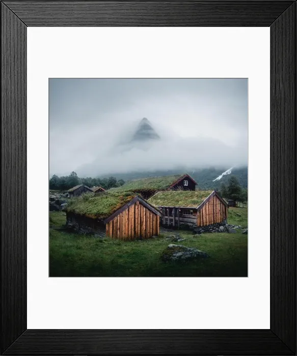Framed Print : Norwegian old wooden fishing houses with grass roofs in Innerdalen - Norway's most beautiful mountains valley, near Innerdalsvatna lake Framed Print : Norwegian old wooden fishing houses with grass roofs in Innerdalen - Norway's most beautiful mountains valley, near Innerdalsvatna lake