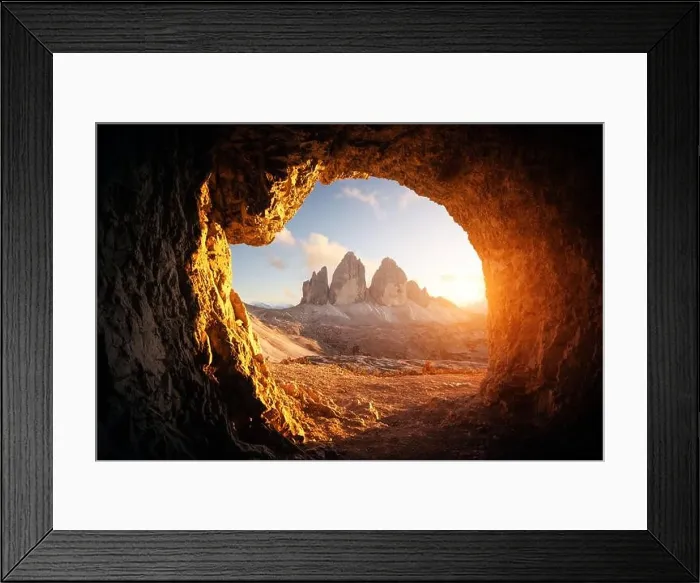 Framed Print : View from the cave in mountain against Three peaks of Lavaredo during sunset. Dolomite Alps, Italy. Landscape photography Framed Print : View from the cave in mountain against Three peaks of Lavaredo during sunset. Dolomite Alps, Italy. Landscape photography