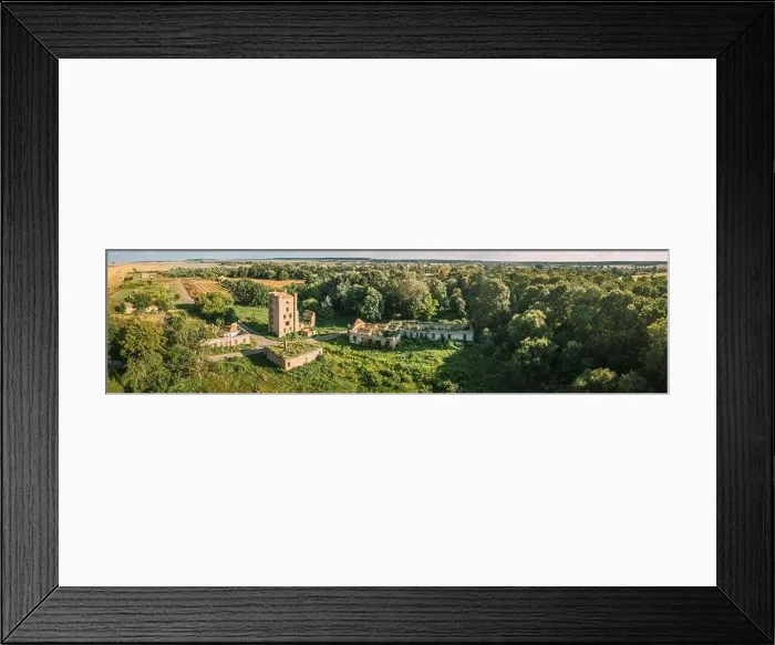 Framed Print : Aerial View Remains Of Yastrzhembsky Estate And Park Complex. Top View Of Old Five-storey Brick Water Tower. Drone View Of Beautiful European Nature Framed Print : Aerial View Remains Of Yastrzhembsky Estate And Park Complex. Top View Of Old Five-storey Brick Water Tower. Drone View Of Beautiful European Nature