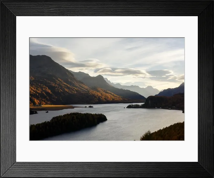 Framed Print : Aerial view on autumn lake Sils (Silsersee) in Swiss Alps mountains. Colorful forest with orange larch. Switzerland, Maloja region, Upper Engadine Framed Print : Aerial view on autumn lake Sils (Silsersee) in Swiss Alps mountains. Colorful forest with orange larch. Switzerland, Maloja region, Upper Engadine