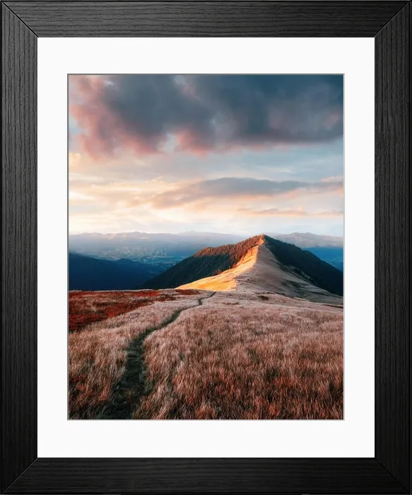 Framed Print : View of the grassy hills with path in Carpathian mountains glowing by evening sunlight. Dramatic spring scene