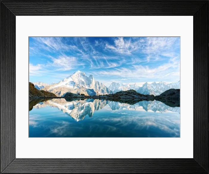 Framed Print : Incredible view of clear water and sky reflection on Lac Blanc lake in France Alps. Monte Bianco mountains range on background Framed Print : Incredible view of clear water and sky reflection on Lac Blanc lake in France Alps. Monte Bianco mountains range on background