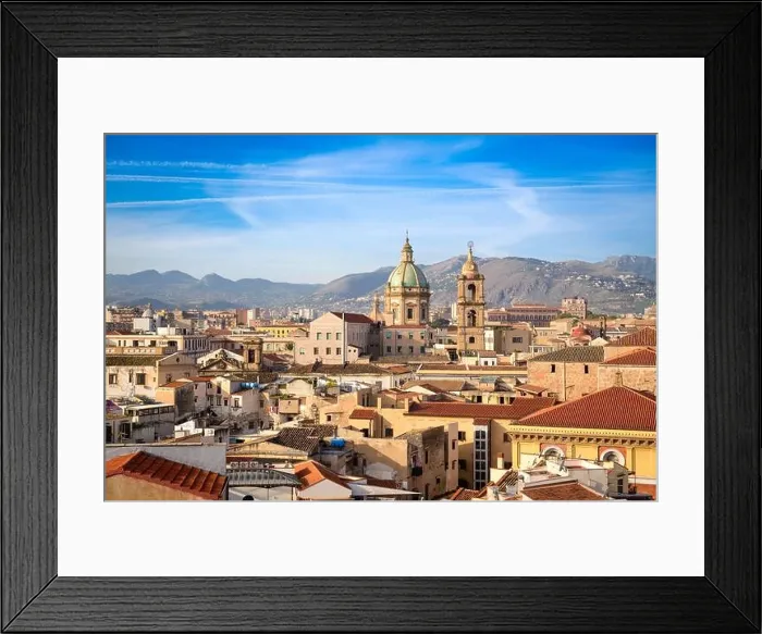 Framed Print : Palermo, Sicily town skyline with landmark towers in the morning Framed Print : Palermo, Sicily town skyline with landmark towers in the morning