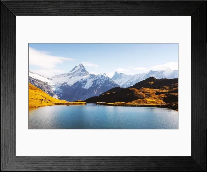 Framed Print : Panorama of Bachalpsee lake in Swiss Alps mountains on sunset. Snowy peaks of Wetterhorn, Mittelhorn and Rosenhorn on background Framed Print : Panorama of Bachalpsee lake in Swiss Alps mountains on sunset. Snowy peaks of Wetterhorn, Mittelhorn and Rosenhorn on background