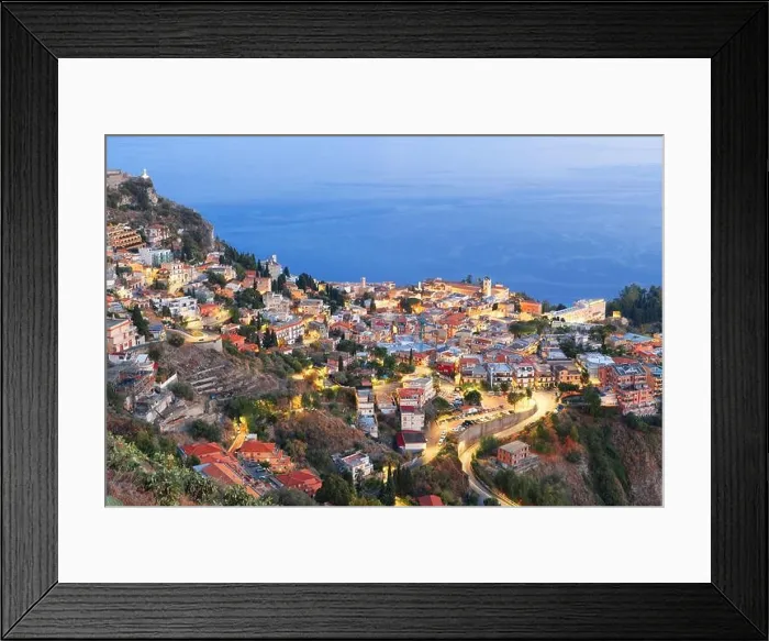 Framed Print : Taormina, Sicily, Italy historic town at dusk Framed Print : Taormina, Sicily, Italy historic town at dusk