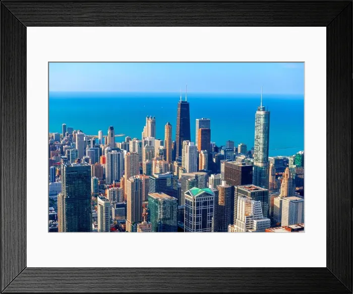 Framed Print : Chicago, Illinois, USA aerial downtown skyline towards Lake Michigan in the afternoon Framed Print : Chicago, Illinois, USA aerial downtown skyline towards Lake Michigan in the afternoon