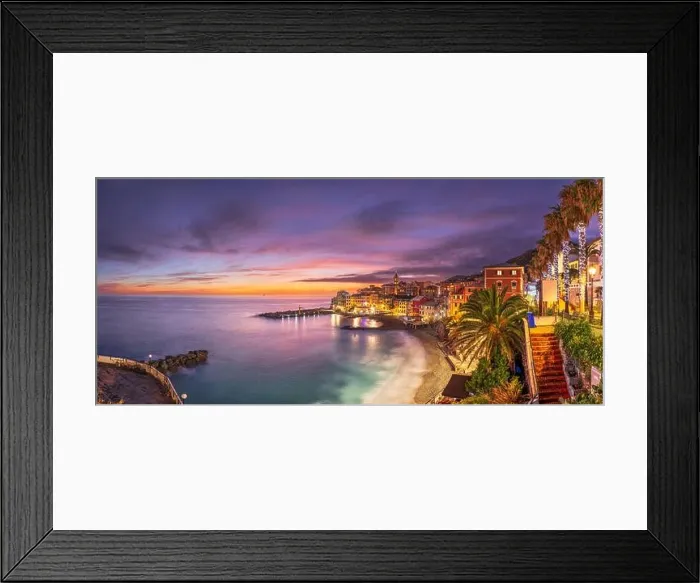 Framed Print : Bogliasco, Genoa, Italy town skyline on the Mediterranean sea at sunset Framed Print : Bogliasco, Genoa, Italy town skyline on the Mediterranean sea at sunset